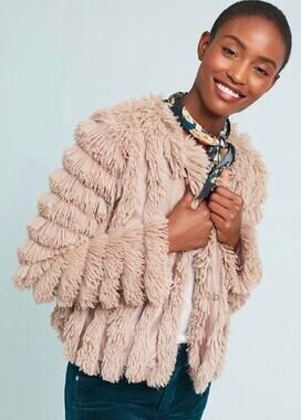 Anthropologie Greylin Fringe Faux Fur Jacket Open Front Small